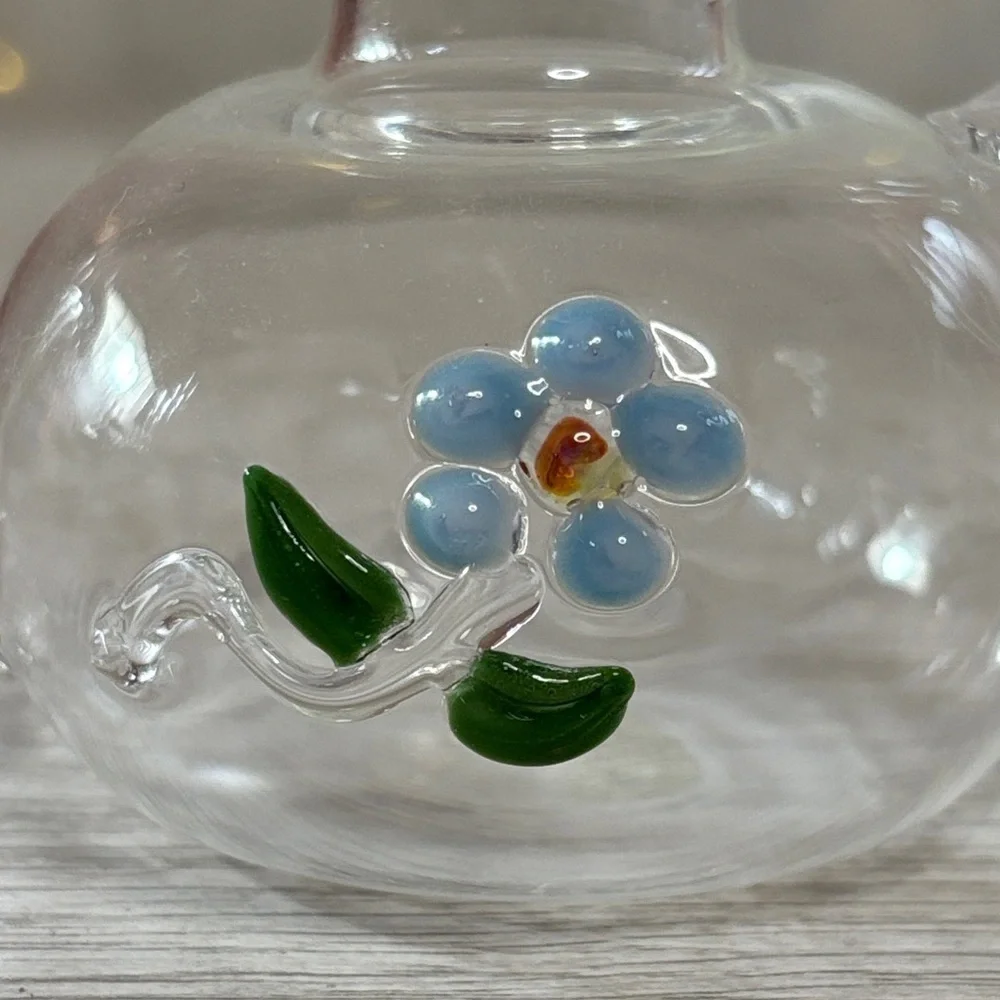 Clear Glass Teapot with Blue Flower Design